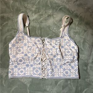 Aerie Blue and White Lace-Up Crop Top